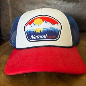Natural Light Mountain Scene Trucker Hat Red White Blue